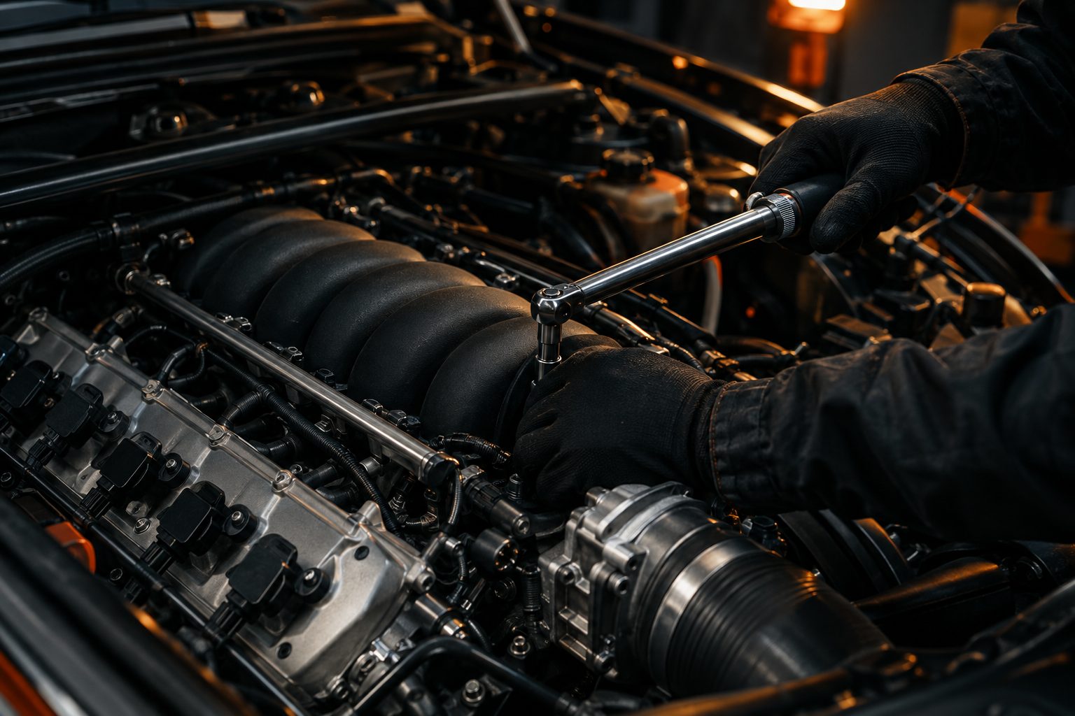 Mechanic torquing bolts in a V8 engine bay